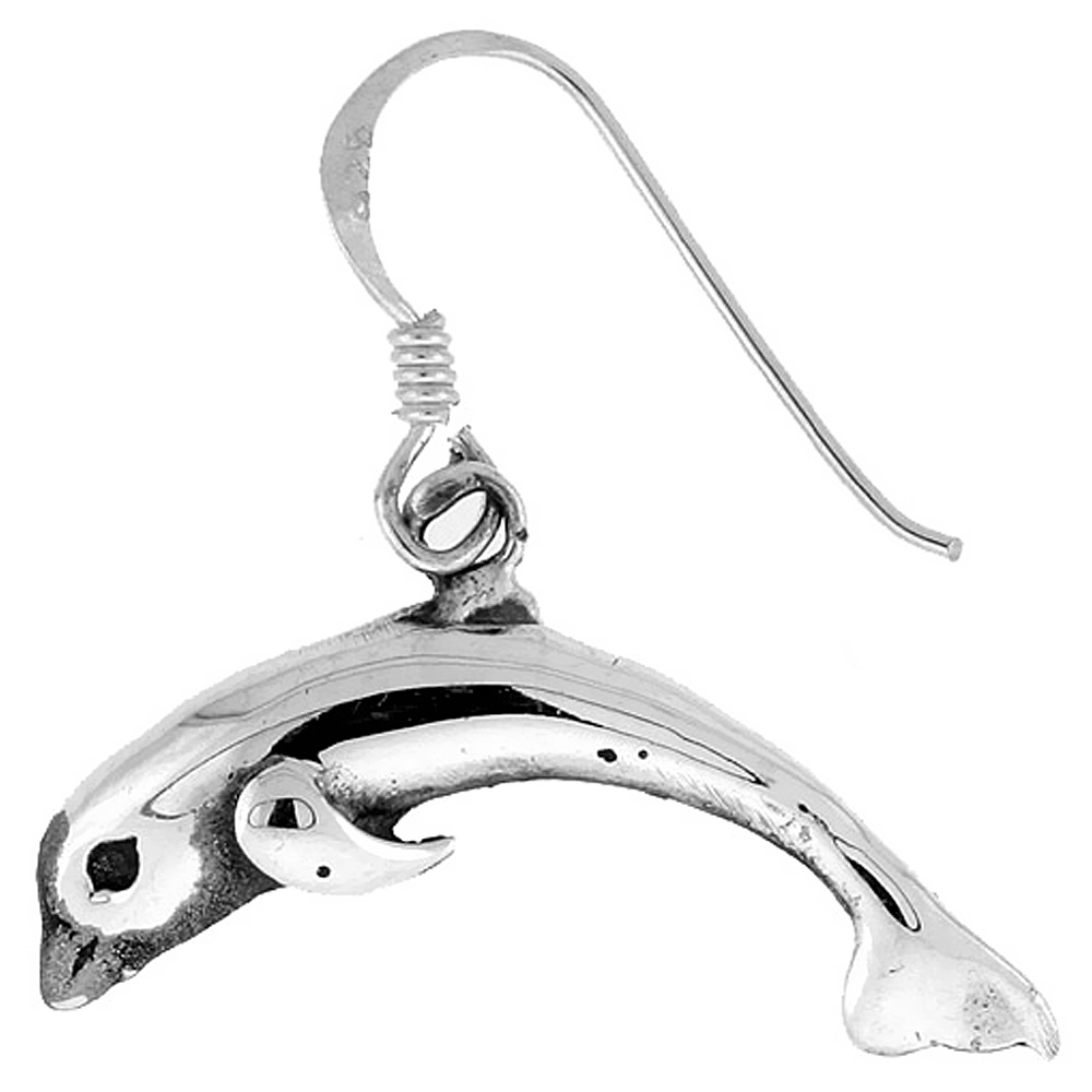 TINY STERLING SILVER DOLPHIN DANGLE EARRINGS 1 INCH