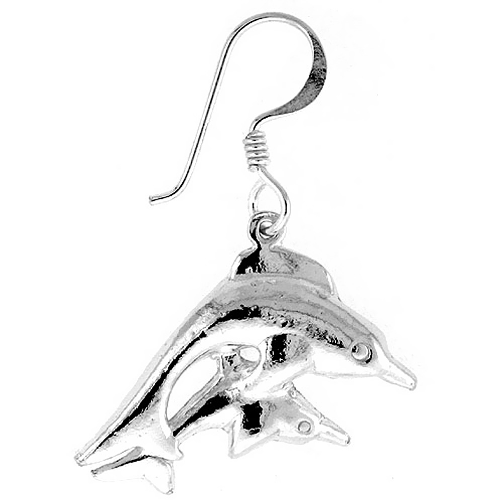 TINY STERLING SILVER DOLPHIN DANGLE EARRINGS 15/16 INCH