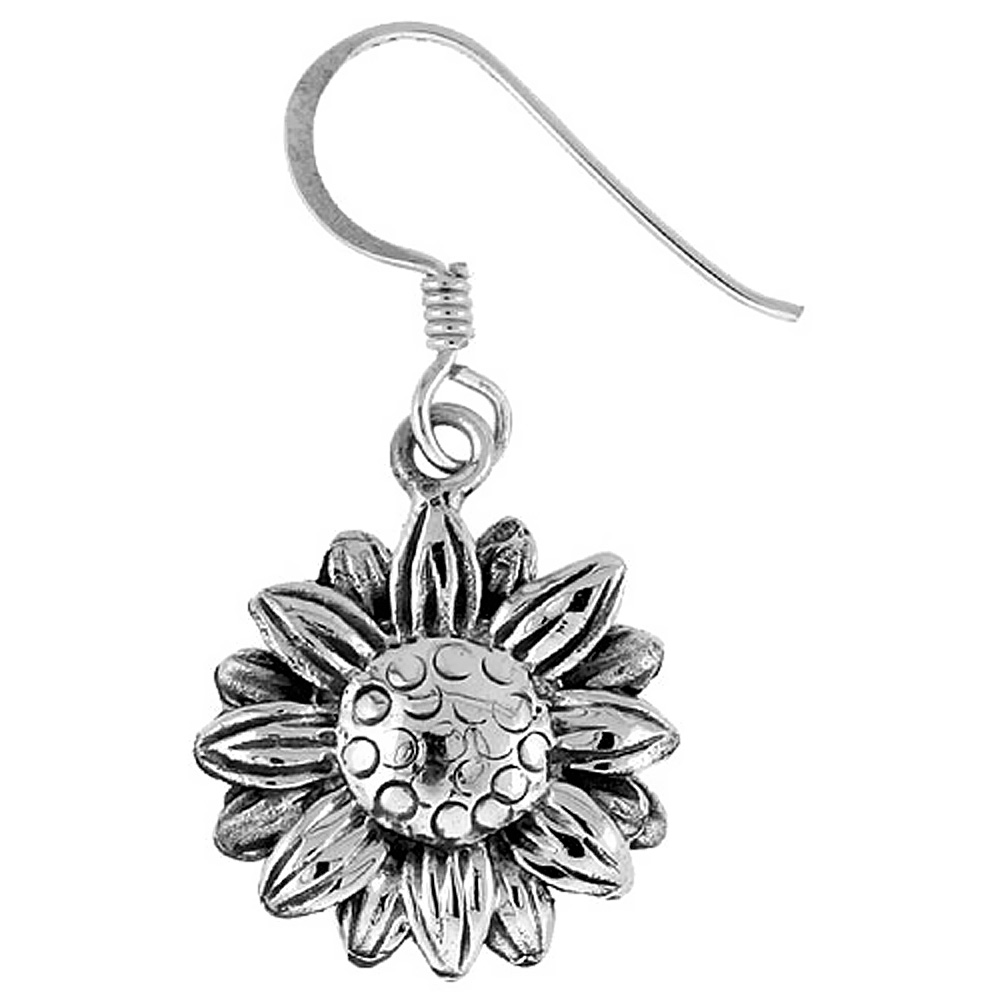 TINY STERLING SILVER SUNFLOWER DANGLE EARRINGS 9/16 INCH