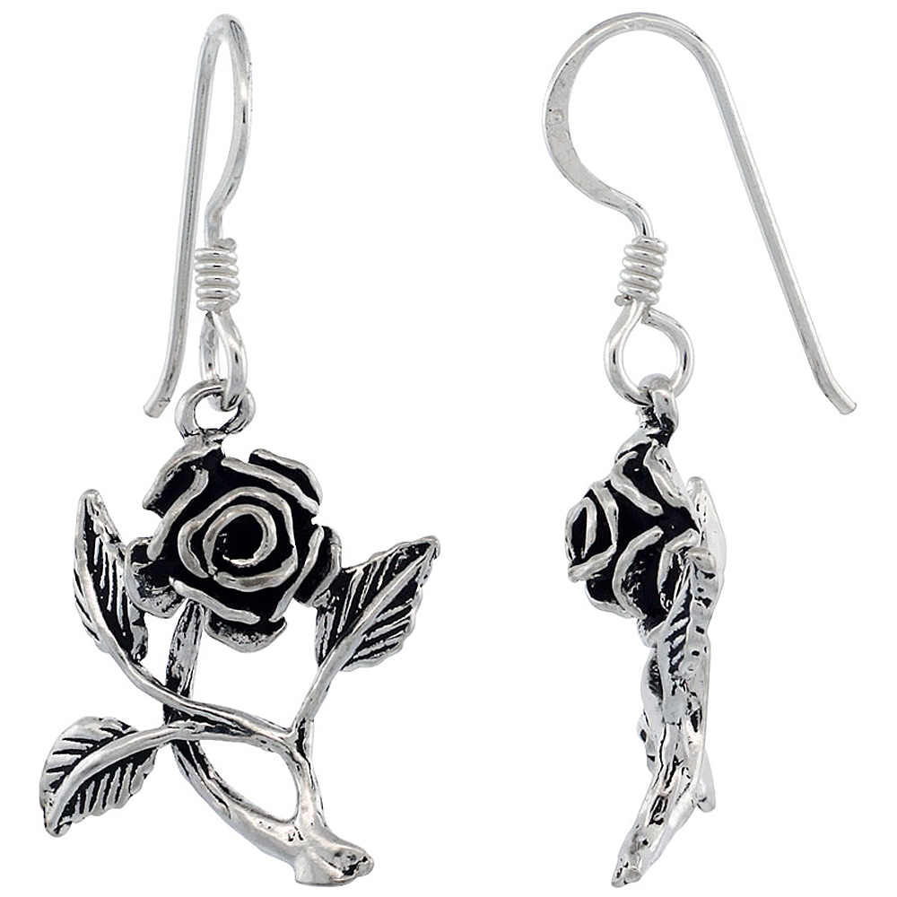 STERLING SILVER ROSE FLOWER DANGLE HOOK EARRINGS 1 1/4 INCH