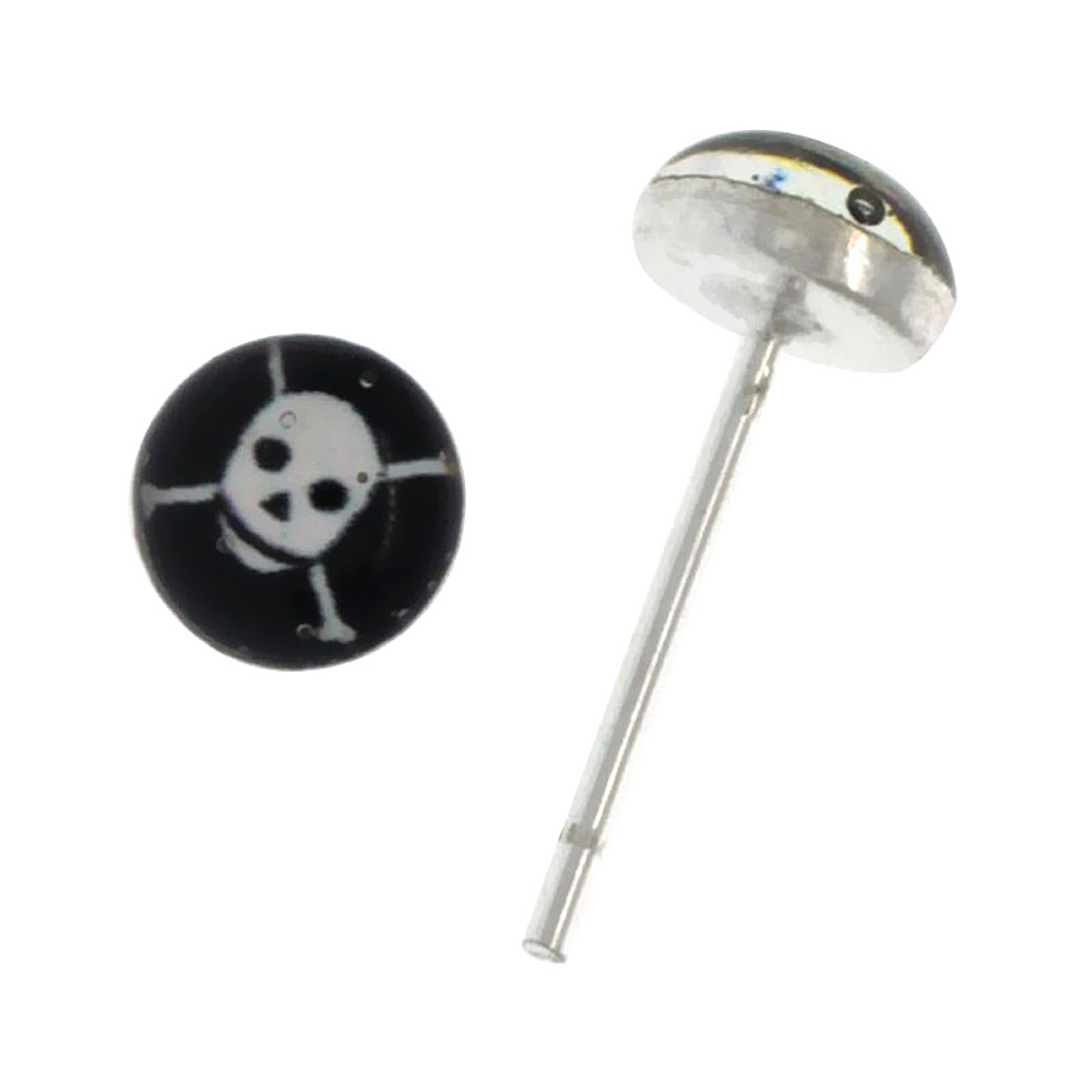 TINY STERLING SILVER SKULL & CROSSBONES STUD EARRINGS IN BLACK & WHITE RESIN 3/16 INCH