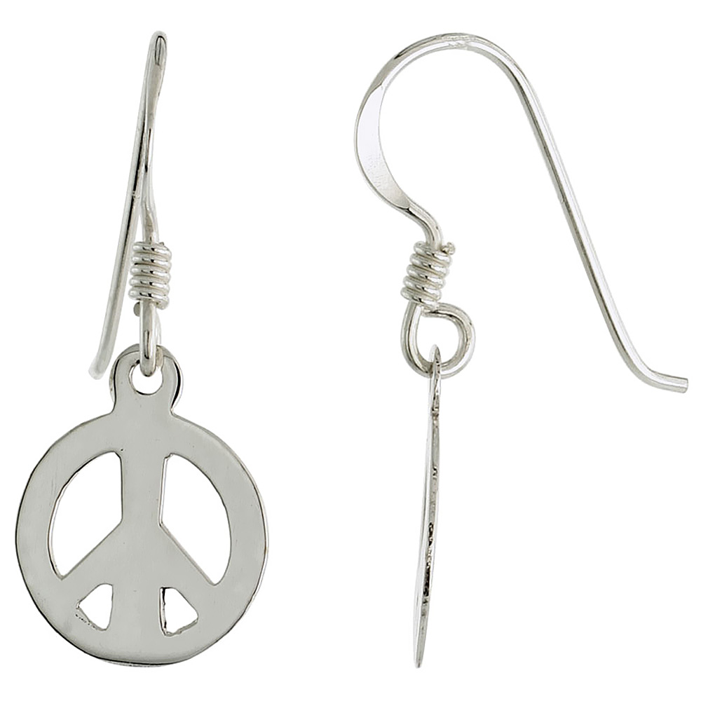 STERLING SILVER PEACE SIGN DANGLE EARRINGS 7/16 INCH WIDE