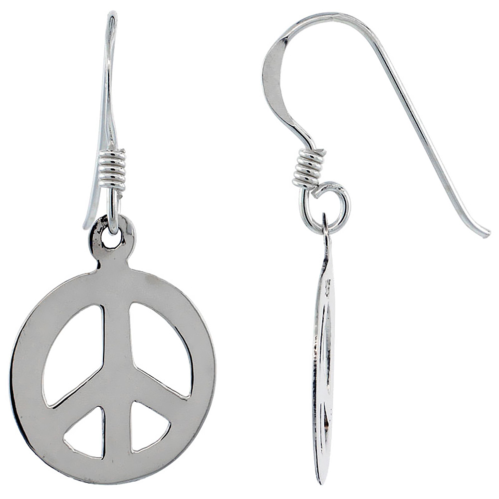 STERLING SILVER PEACE SIGN DANGLE EARRINGS 9/16 INCH WIDE