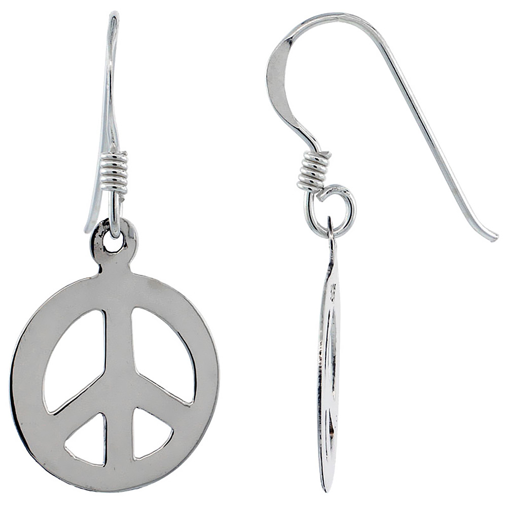 Sterling Silver Peace Sign Dangle Earrings, 9/16 inch wide