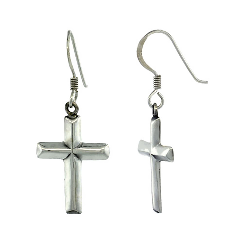 STERLING SILVER CROSS DANGLE EARRINGS 7/8 INCH