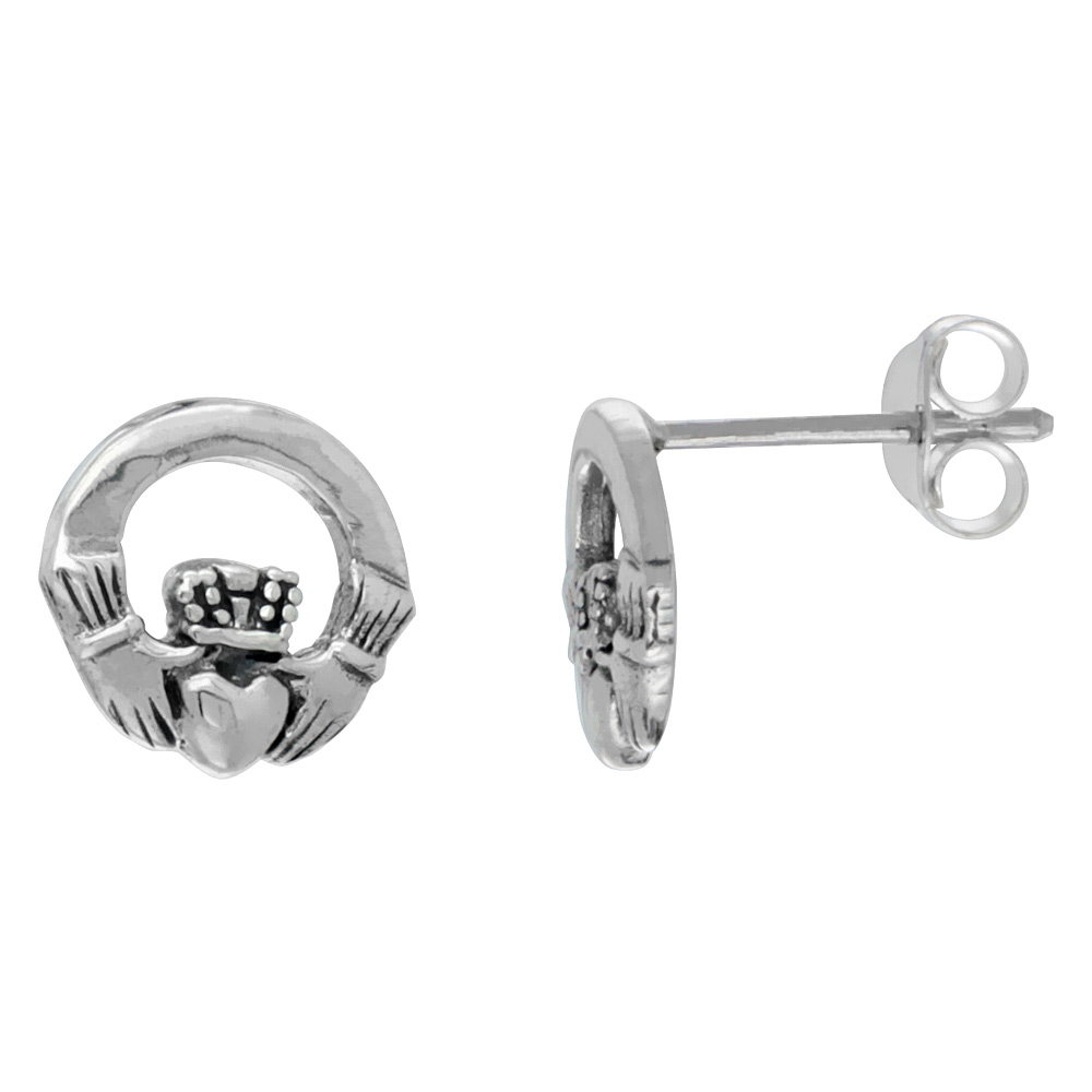 STERLING SILVER SMALL CELTIC CLADDAGH STUD EARRINGS 3/8 INCH WIDE