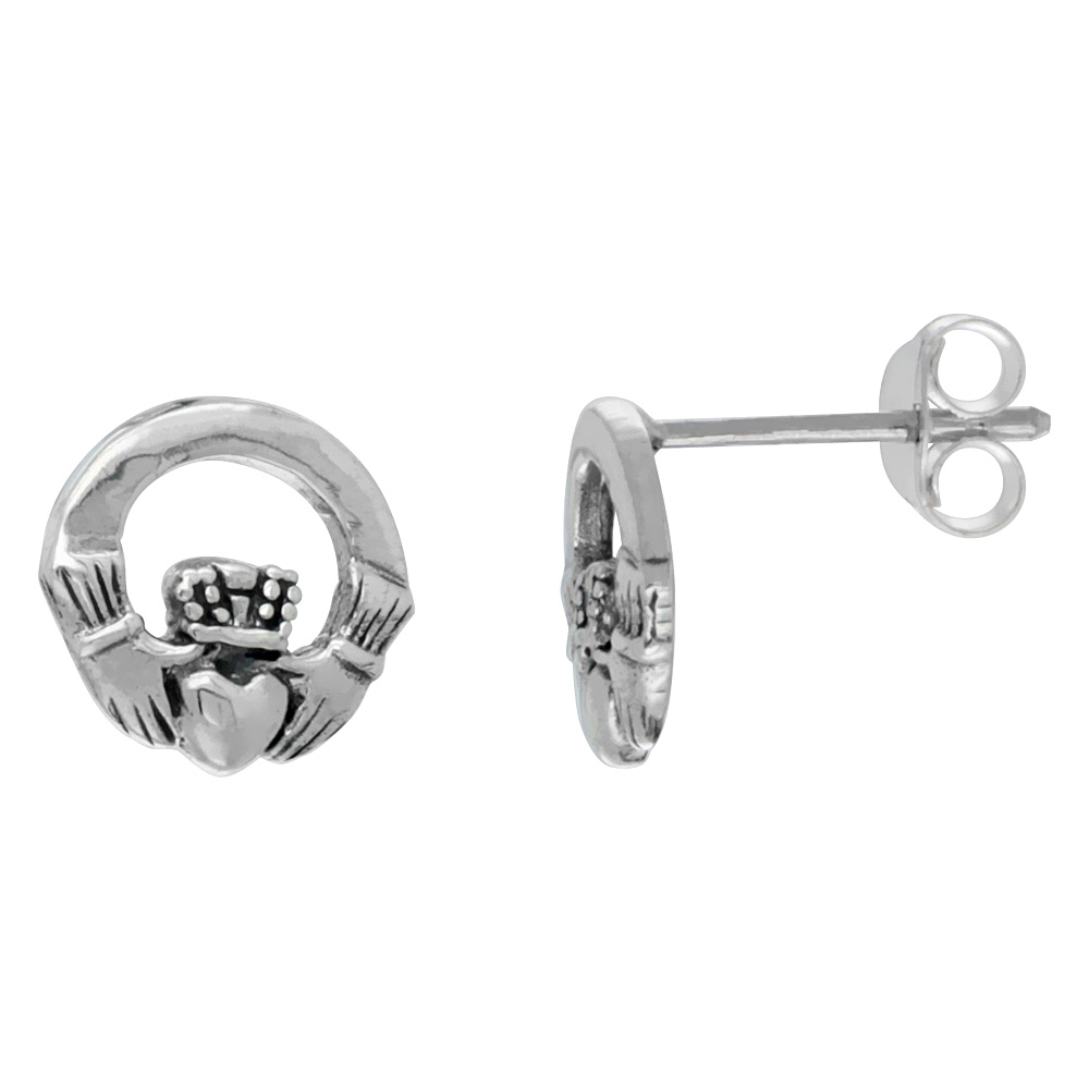 Sterling Silver Small Celtic Claddagh Stud Earrings, 3/8 inch wide