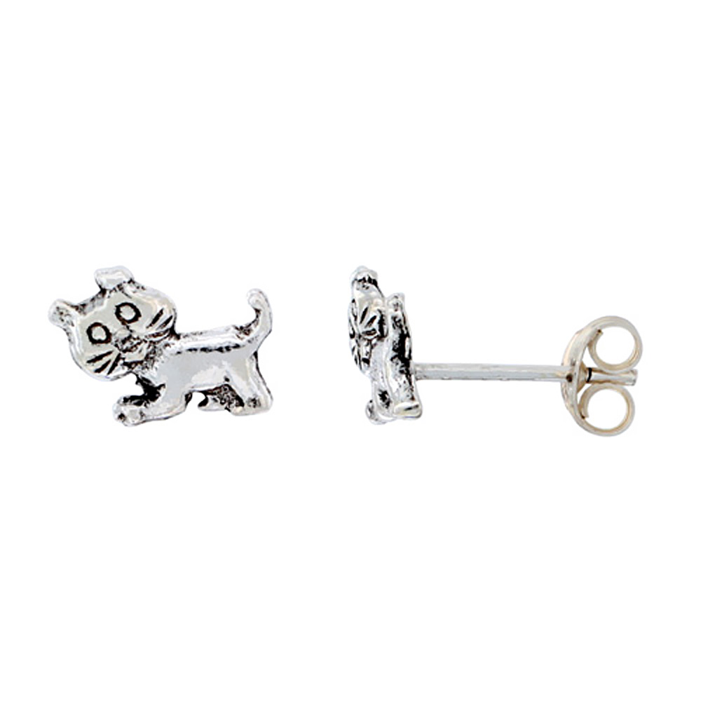 Sterling Silver Tiny Cat Stud Earrings, 3/8 inch wide