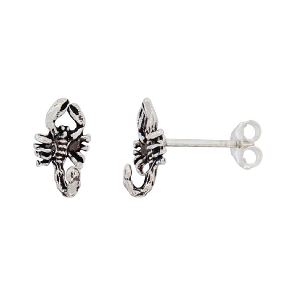 STERLING SILVER SMALL SCORPION STUD EARRINGS 3/8 INCH LONG