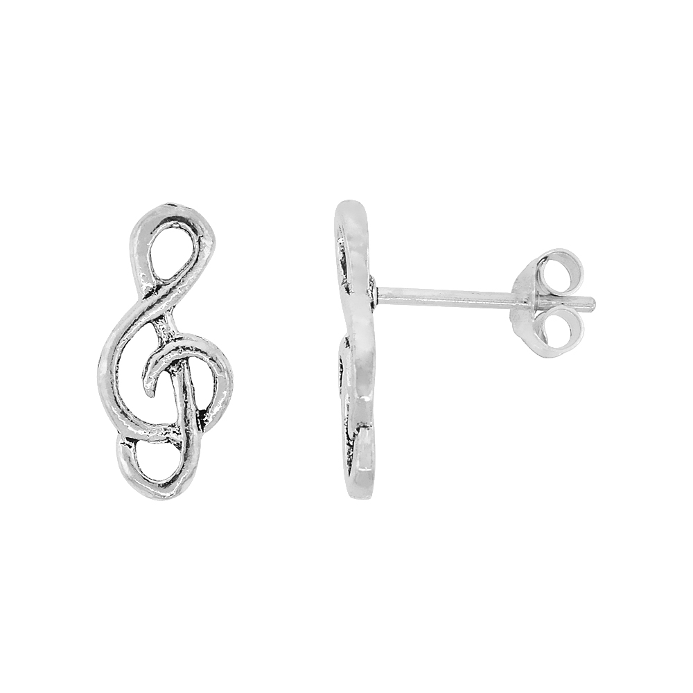 Sterling Silver Treble G-Clef Stud Earrings, 9/16 inch long
