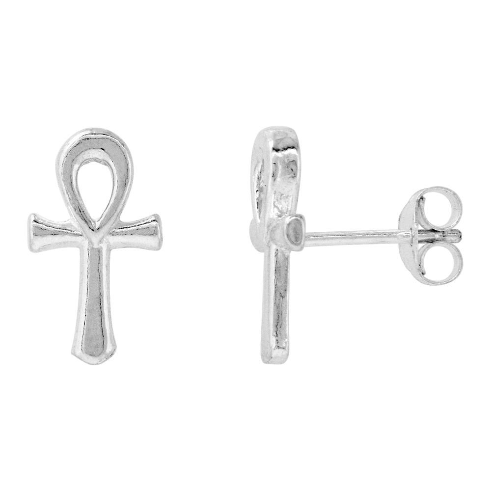 Sterling Silver Ankh Stud Earrings, 5/16 inch wide