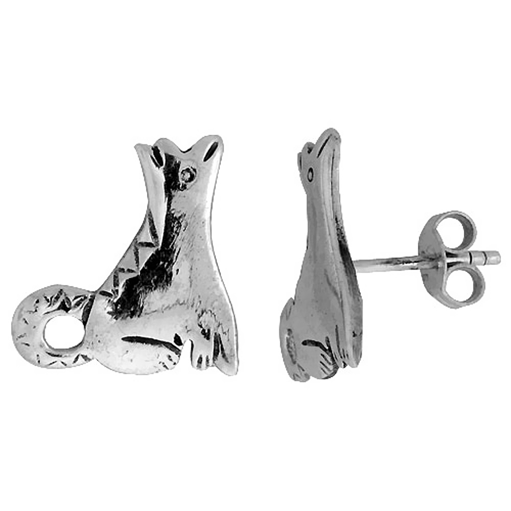 TINY STERLING SILVER HOWLING WOLF STUD EARRINGS 1/2 INCH