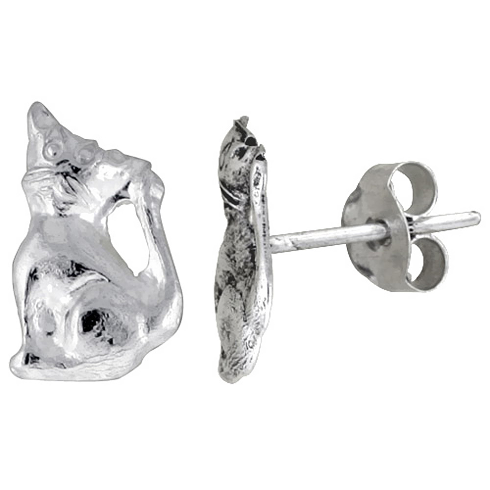 TINY STERLING SILVER CAT STUD EARRINGS 3/8 INCH