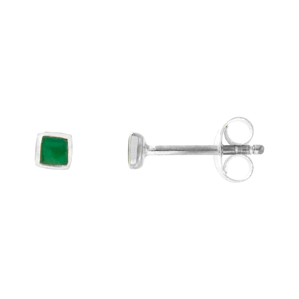 VERY TINY SQUARE GREEN ONYX STUD EARRINGS CARTILAGE NOSE STUDS, 1/8 INCH (3MM) WIDE