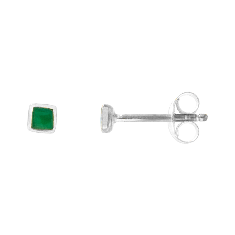 Very Tiny Square Green Onyx Stud Earrings Cartilage Nose Studs, 1/8 inch (3mm) wide
