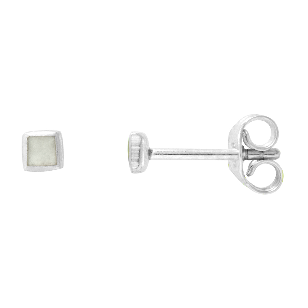 Very Tiny Square mother of pearl Stud Earrings Cartilage Nose Studs, 1/8 inch (3mm) wide
