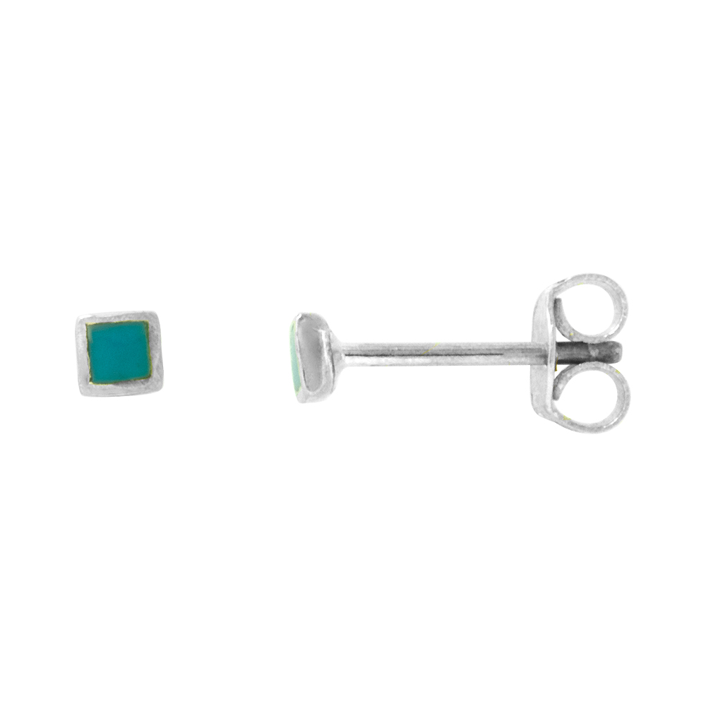 VERY TINY SQUARE RECONSTITUTED TURQUOISE STUD EARRINGS CARTILAGE NOSE STUDS, 1/8 INCH (3MM) WIDE