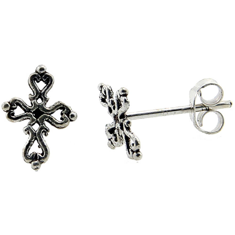 VERY TINY STERLING SILVER FILIGREE CROSS STUD EARRINGS, 1/2 INCH