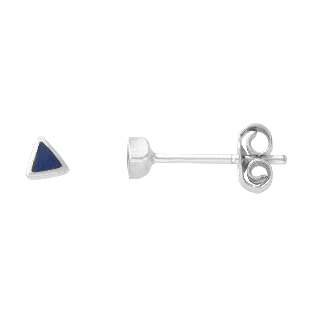 TINY STERLING SILVER LAPIS TRIANGLE STUD EARRINGS NOSE TRIANGLE STUDS, 1/8 INCH