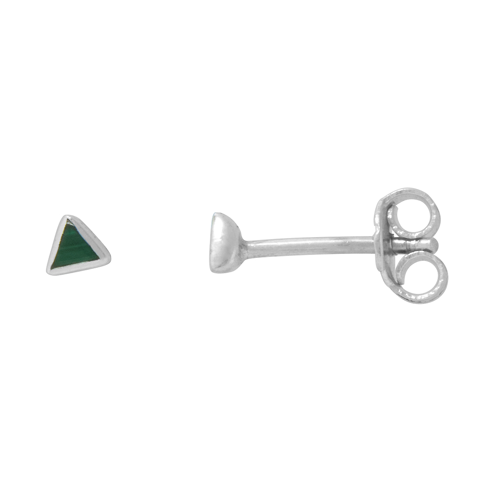 Tiny Sterling Silver Malachite Triangle Stud Earrings Nose Studs, 1/8 inch