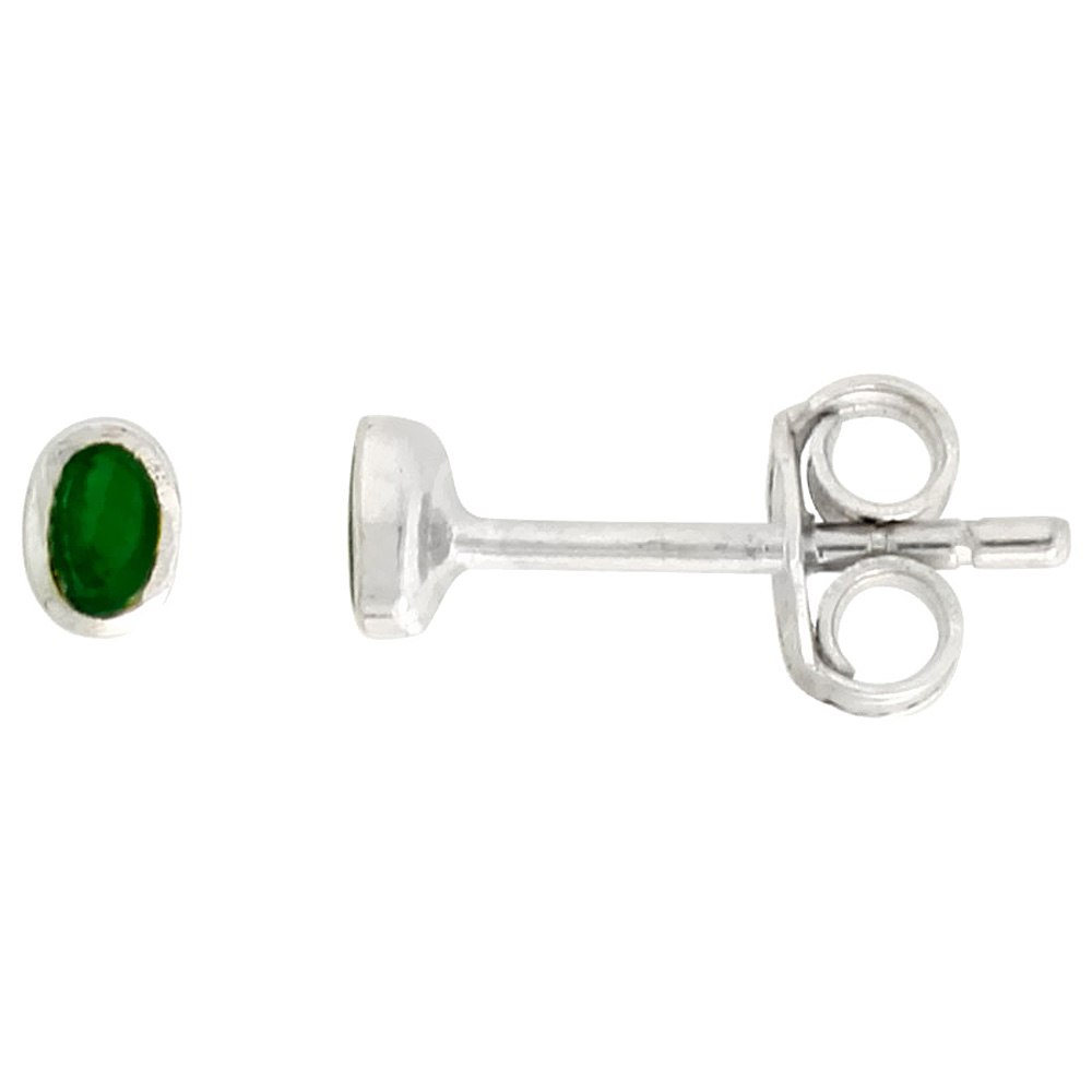 TINY INLAID STERLING SILVER GREEN ONYX STUD EARRINGS NOSE STUDS, 1/8 INCH (3MM) TALL
