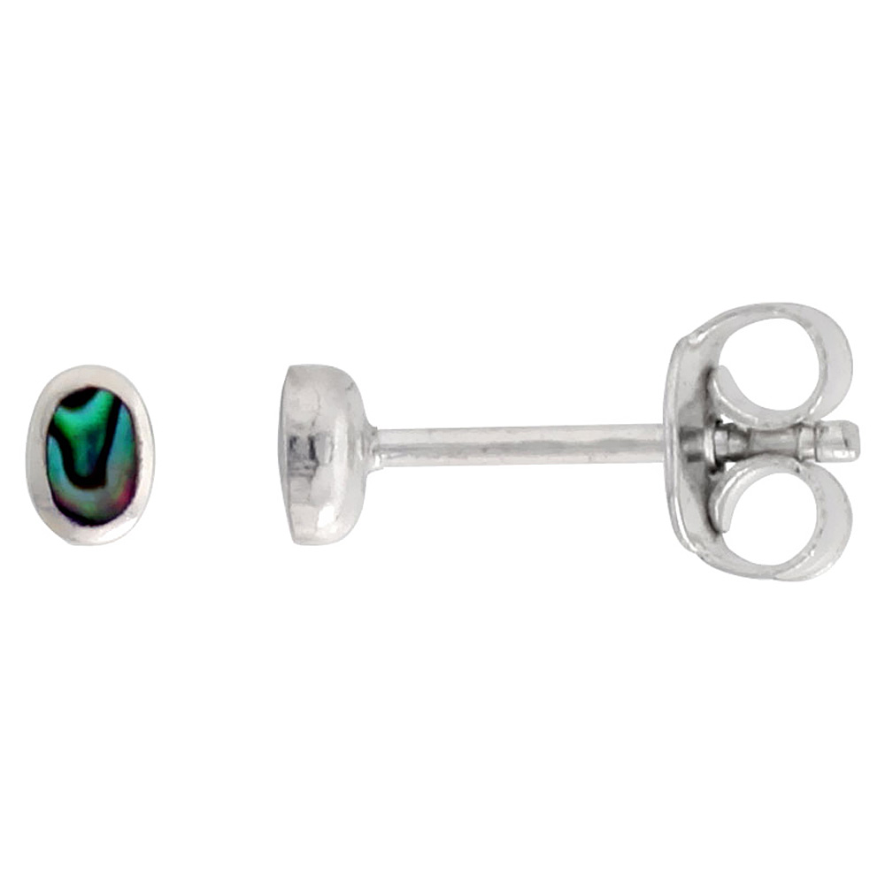 TINY INLAID STERLING SILVER ABALONE SHELL STUD EARRINGS NOSE STUDS, 1/8 INCH (3MM) TALL