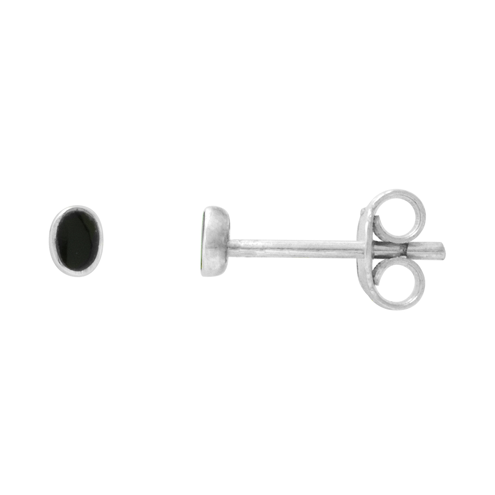 TINY INLAID STERLING SILVER BLACK ONYX STUD EARRINGS NOSE STUDS, 1/8 INCH (3MM) TALL