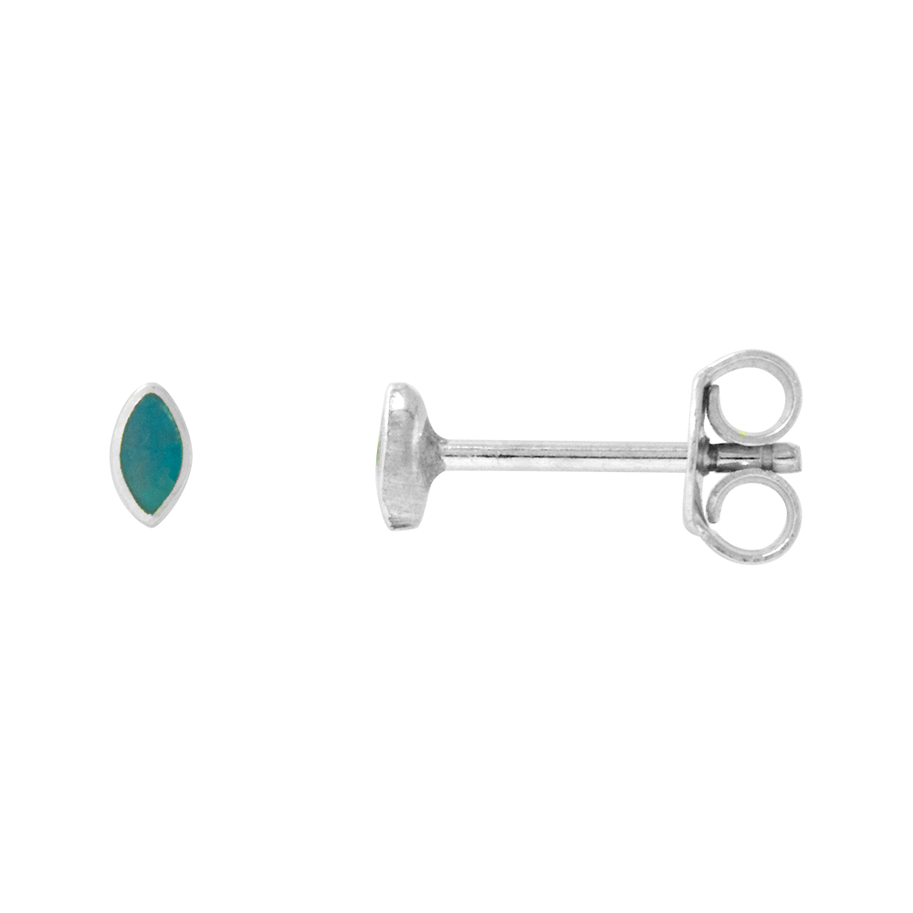 DAINTY STERLING SILVER MARQUISE RECONSTITUTED TURQUOISE STUD EARRINGS NOSE STUDS SHAPE, 5/32 INCH (4MM) TALL