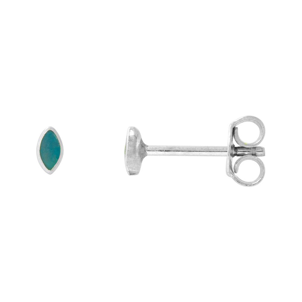 Dainty Sterling Silver Marquise Reconstituted Turquoise Stud Earrings Nose Studs Shape, 5/32 inch (4mm) tall