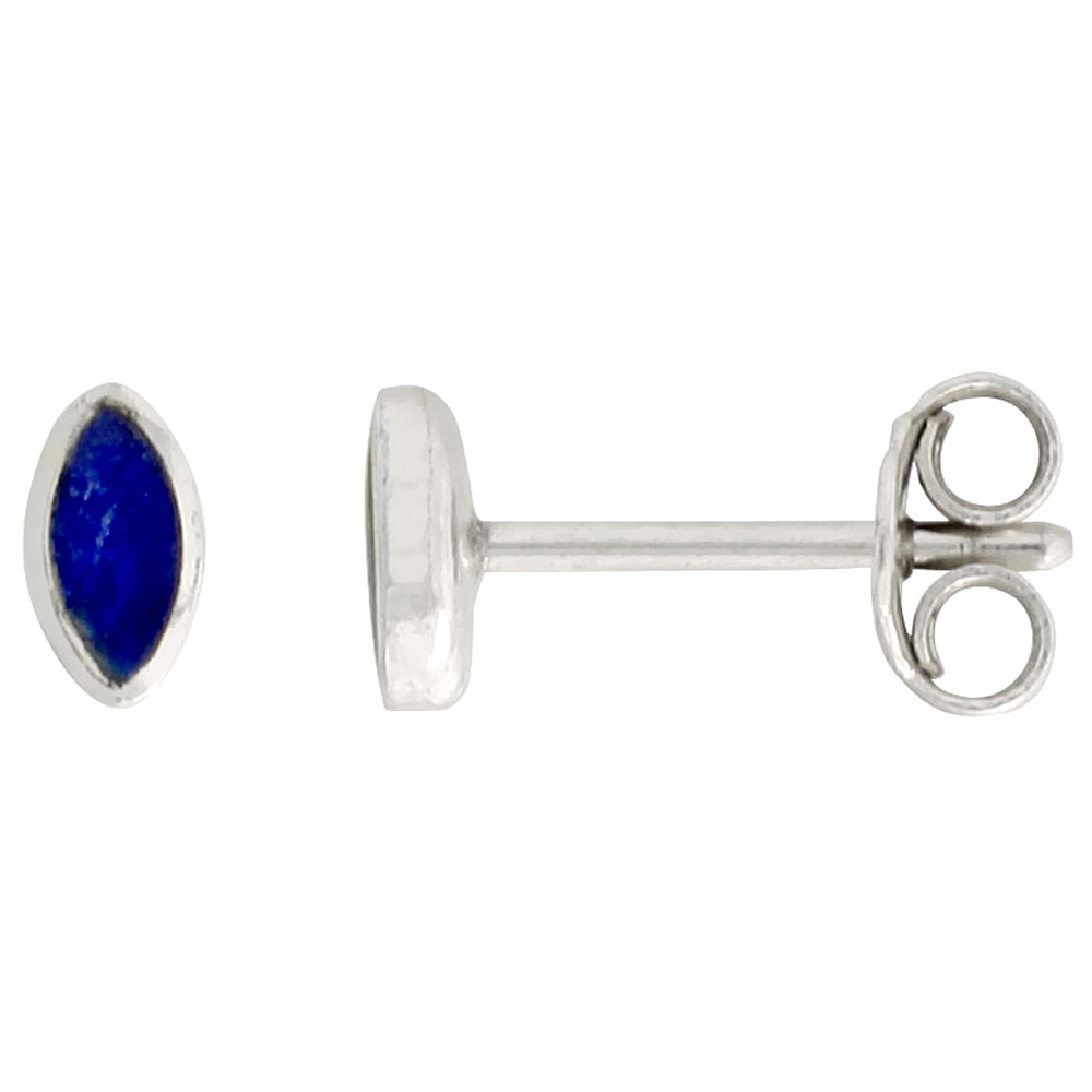 TINY STERLING SILVER 5MM MARQUISE LAPIS LAZULI STUD EARRINGS CARTILAGE, 3/16 INCH