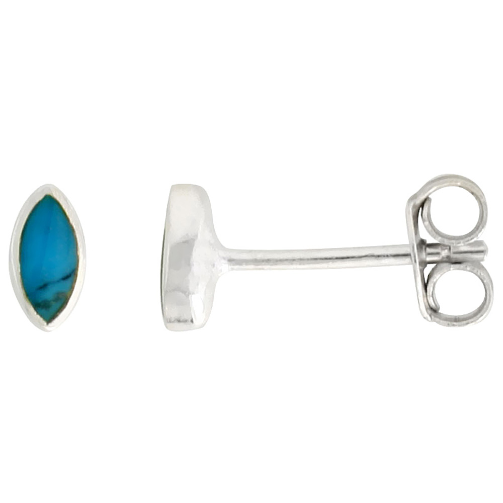TINY STERLING SILVER 5MM MARQUISE RECONSTITUTED TURQUOISE STUD EARRINGS CARTILAGE, 3/16 INCH