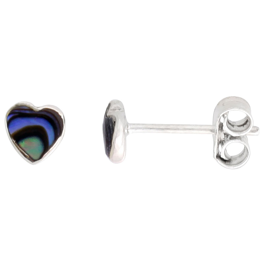 5MM STERLING SILVER ABALONE SHELL HEART STUD EARRINGS , 3/16 INCH
