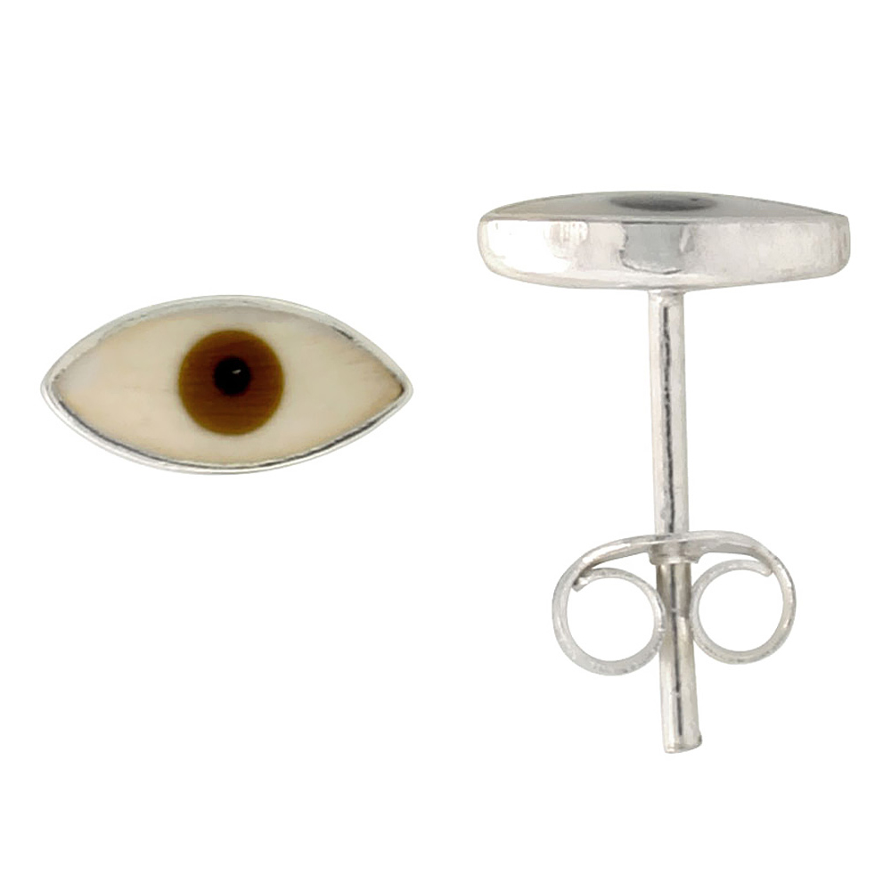 DAINTY 8MM STERLING SILVER BROWN EVIL EYE STUD EARRINGS, 5/16 INCH