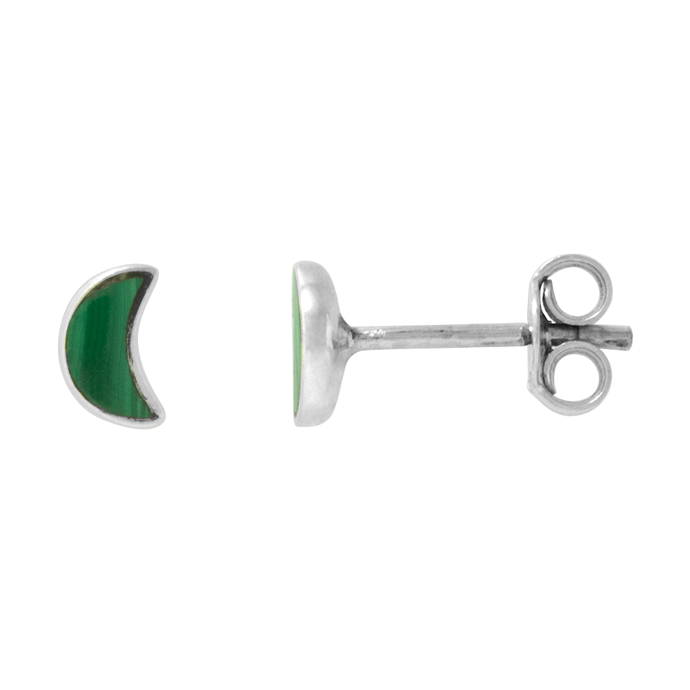Tiny 6mm Sterling Silver Malachite Crescent Moon Stud Earrings Nose Studs, 1/4 inch