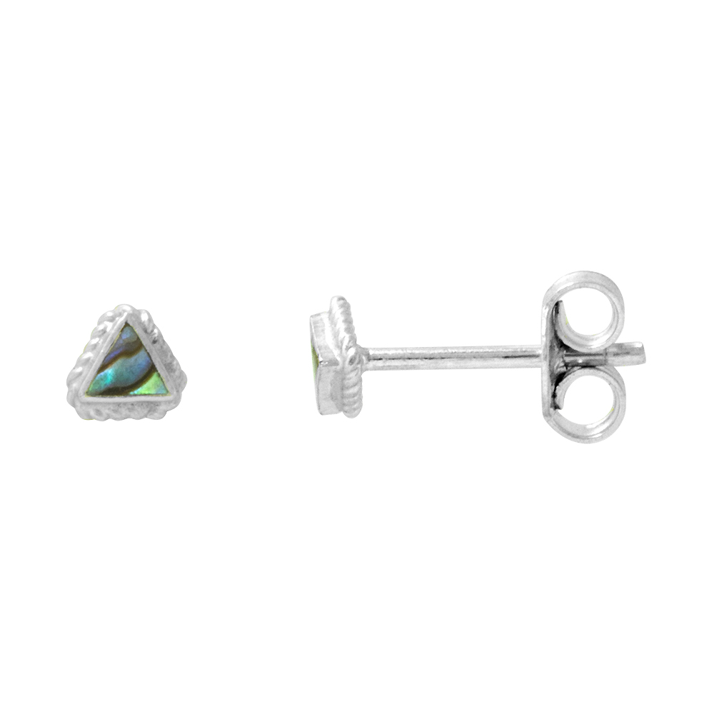 TINY ROPE EDGE STERLING SILVER 3MM ABALONE SHELL TRIANGLE STUD EARRINGS NOSE STUDS , 1/8 INCH