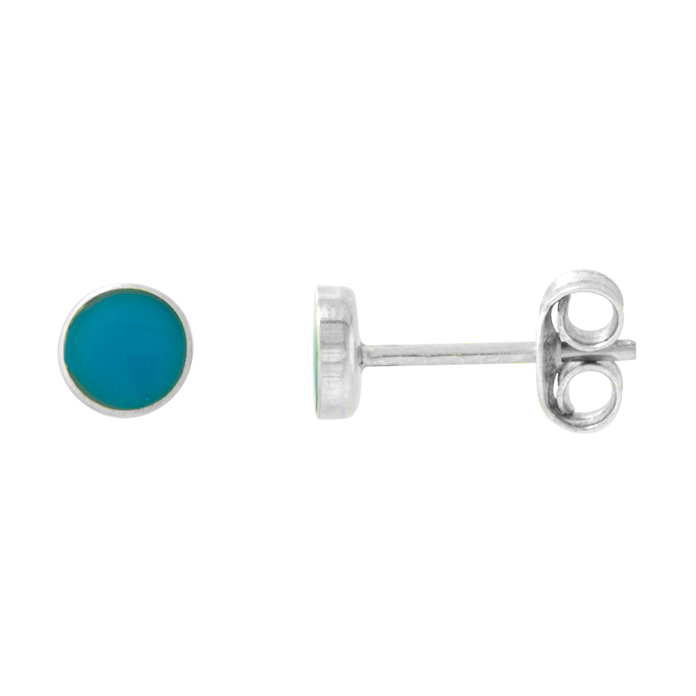 Sterling Silver 5mm Round Turquoise Blue Resin Stud Earrings Nose Studs, 3/16 inch