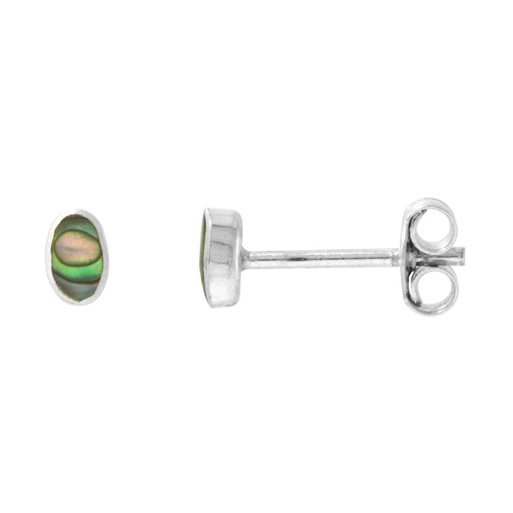 TINY STERLING SILVER 5MM OVAL ABALONE SHELL STUD EARRINGS NOSE STUDS, 3/16 INCH