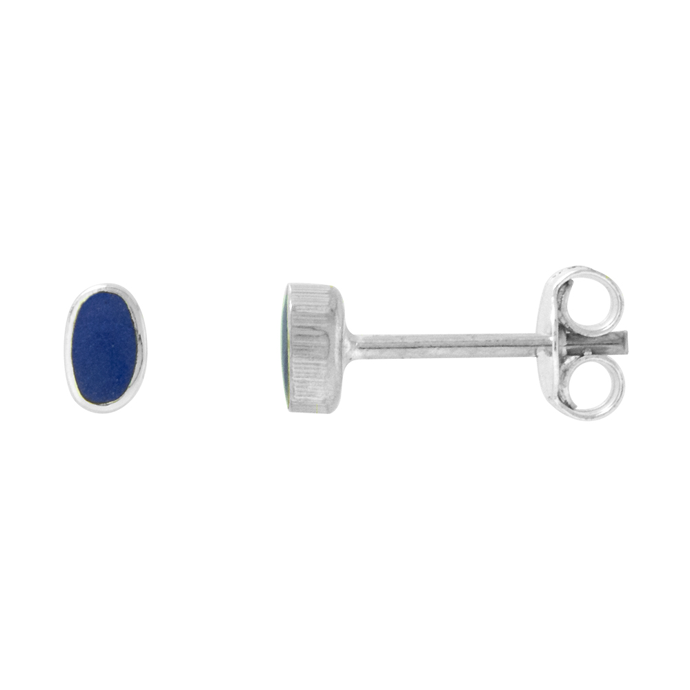 TINY STERLING SILVER 5MM OVAL LAPIS LAZULI STUD EARRINGS NOSE STUDS, 3/16 INCH