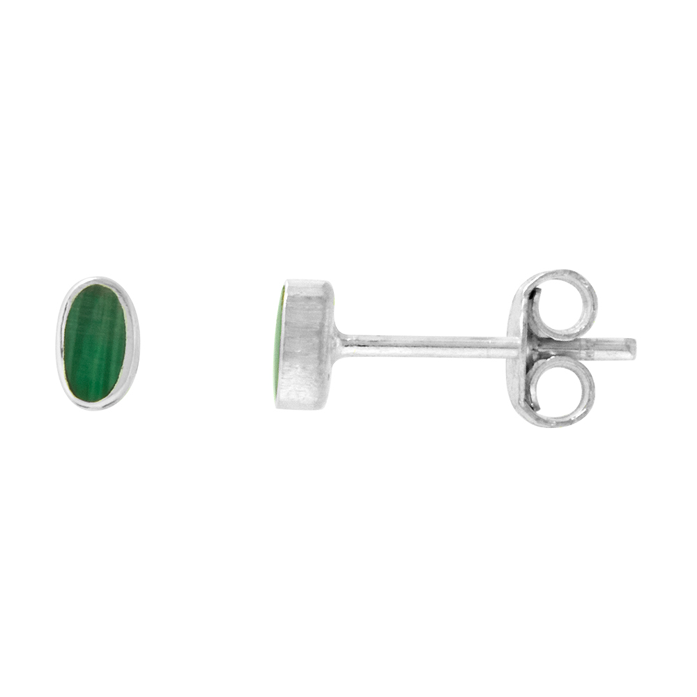 TINY STERLING SILVER 5MM OVAL MALACHITE STUD EARRINGS NOSE STUDS, 3/16 INCH