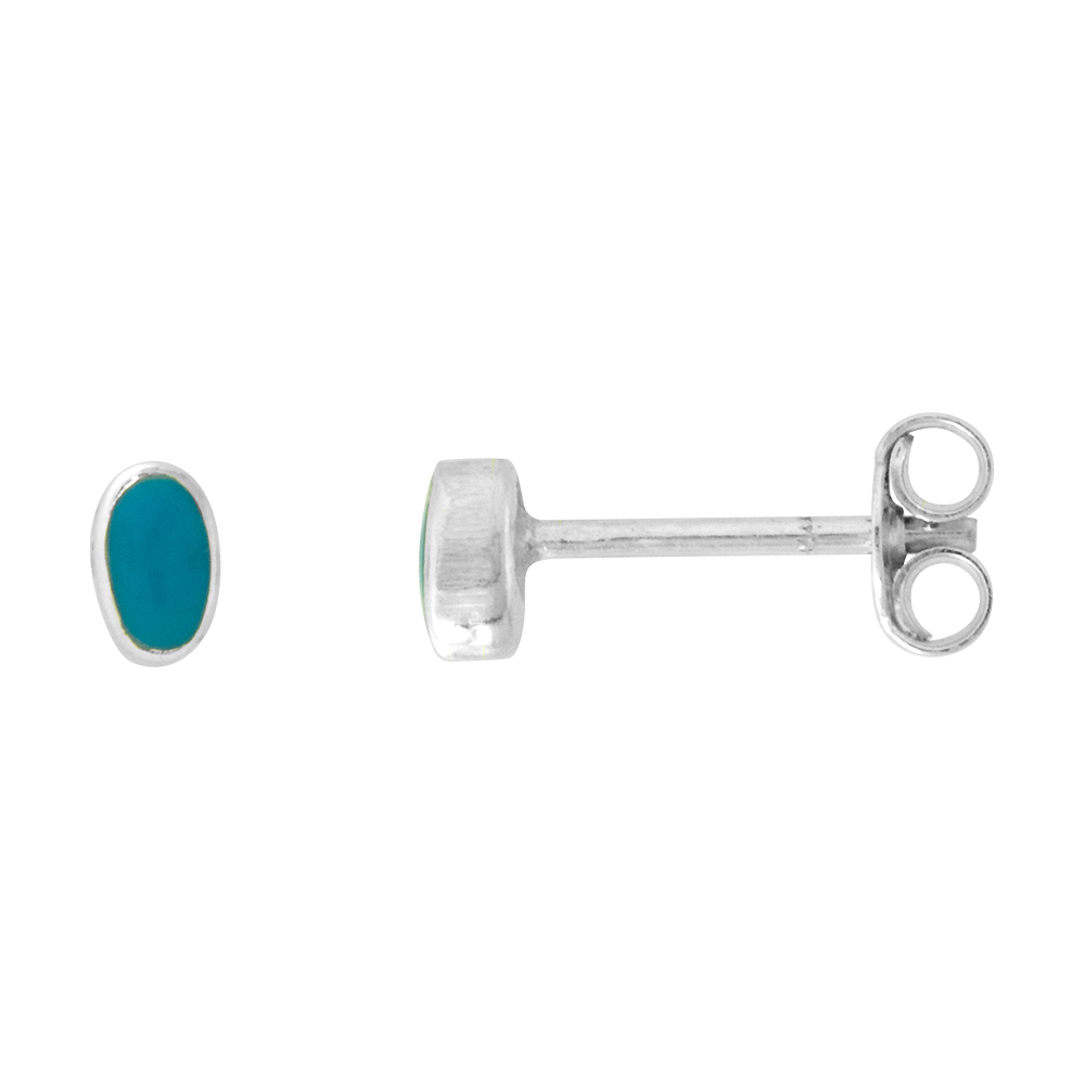 TINY STERLING SILVER 5MM OVAL RECONSTITUTED TURQUOISE STUD EARRINGS NOSE STUDS, 3/16 INCH