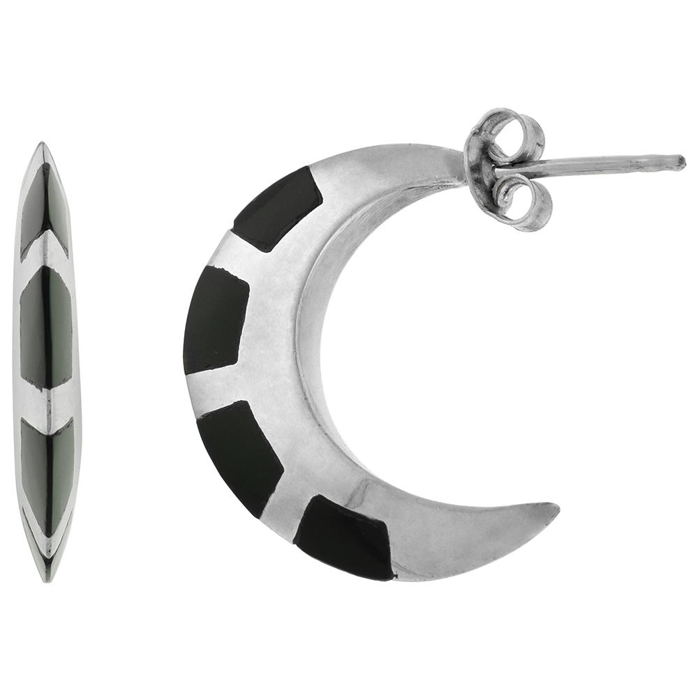 1 INCH STERLING SILVER JET STONE POST HOOP CRESCENT MOON EARRINGS FOR WOMEN KNIFE EDGE
