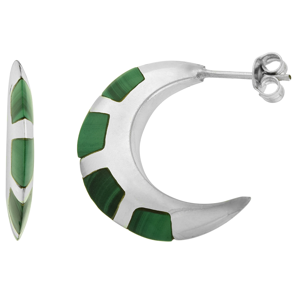 1 INCH STERLING SILVER MALACHITE POST HOOP CRESCENT MOON EARRINGS FOR WOMEN KNIFE EDGE