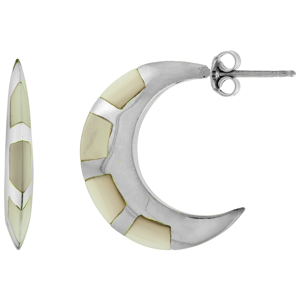 1 INCH STERLING SILVER MOTHER OF PEARL POST HOOP CRESCENT MOON EARRINGS FOR WOMEN KNIFE EDGE