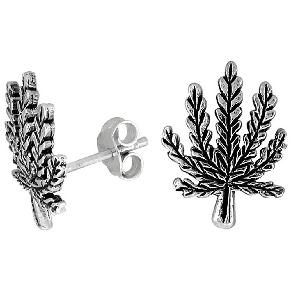 TINY STERLING SILVER 7 LEAF MARIJUANA STUD EARRINGS 9/16 INCH