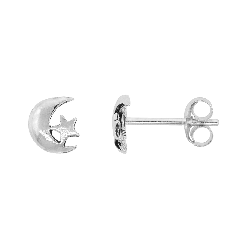 TINY STERLING SILVER MOON AND STAR STUD EARRINGS 5/16 INCH