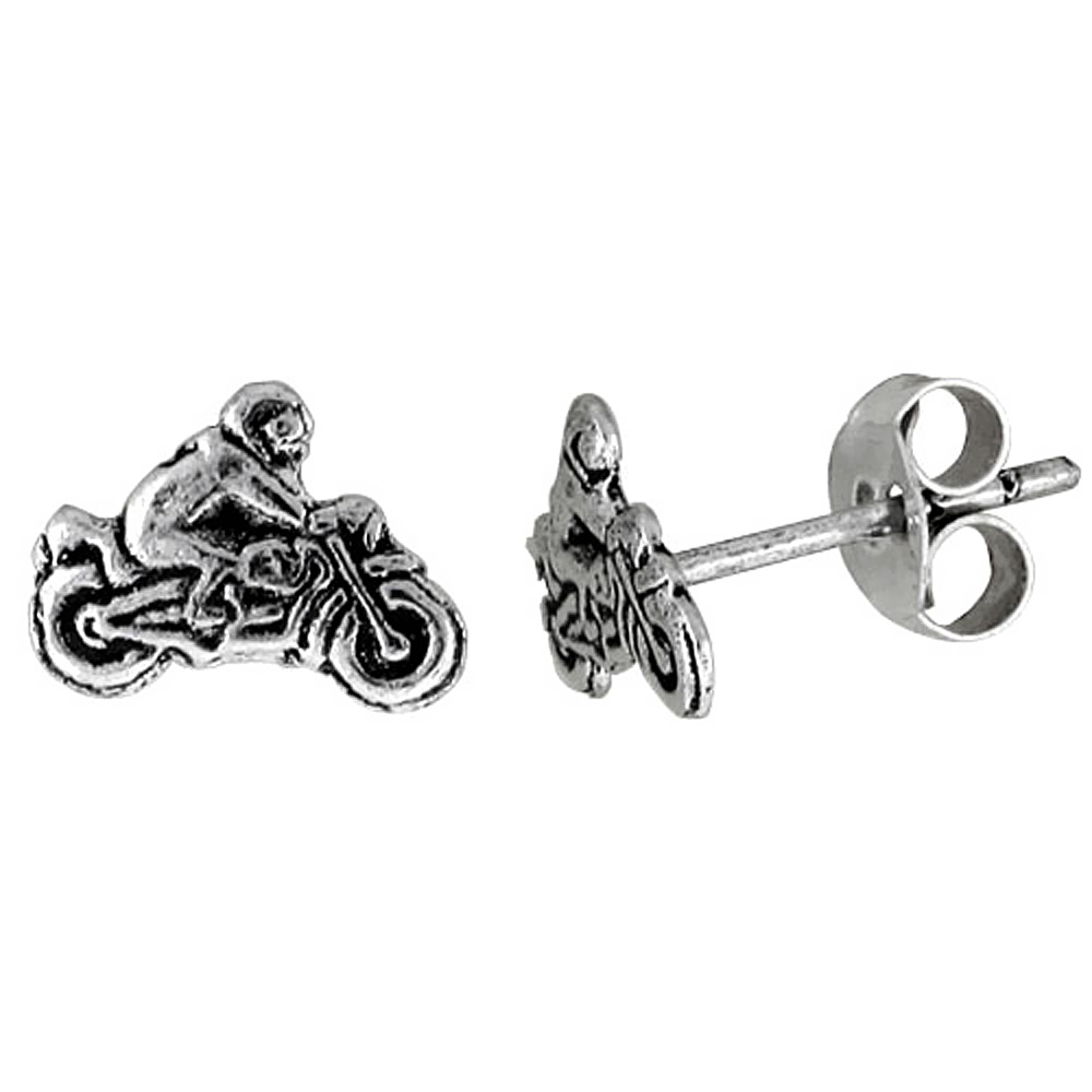 TINY STERLING SILVER MOTORCYCLE STUD EARRINGS 5/16 INCH