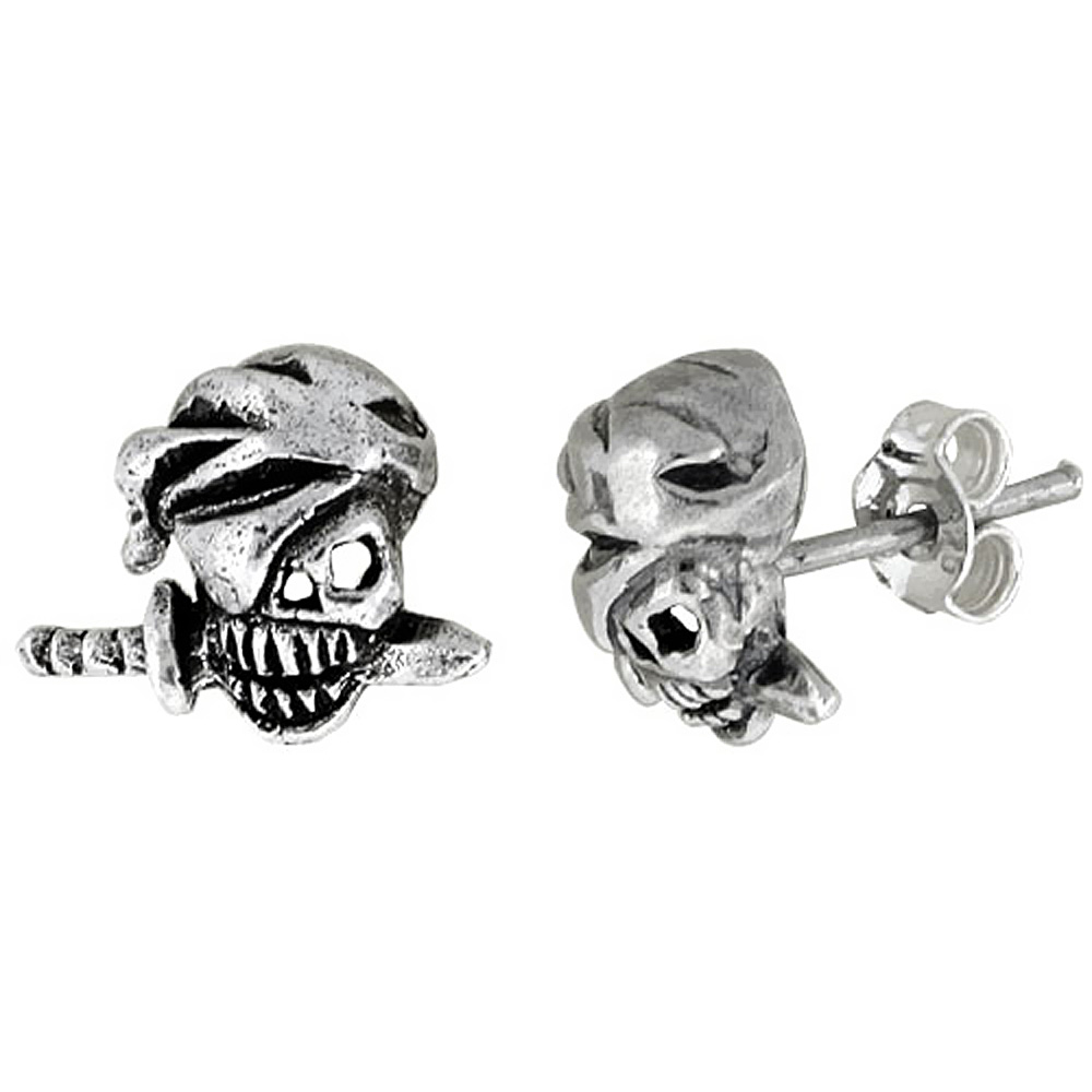 TINY STERLING SILVER PIRATE SKULL STUD EARRINGS WITH TURBAN AND KNIFE IN MOUTH 1/2 INCH