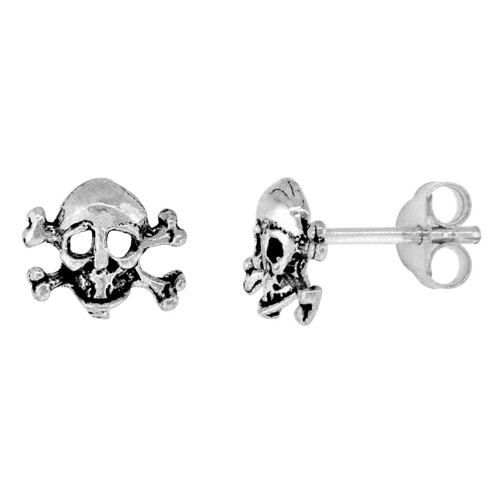 TINY STERLING SILVER PLAIN SKULL AND CROSSBONES STUD EARRINGS 5/16 INCH