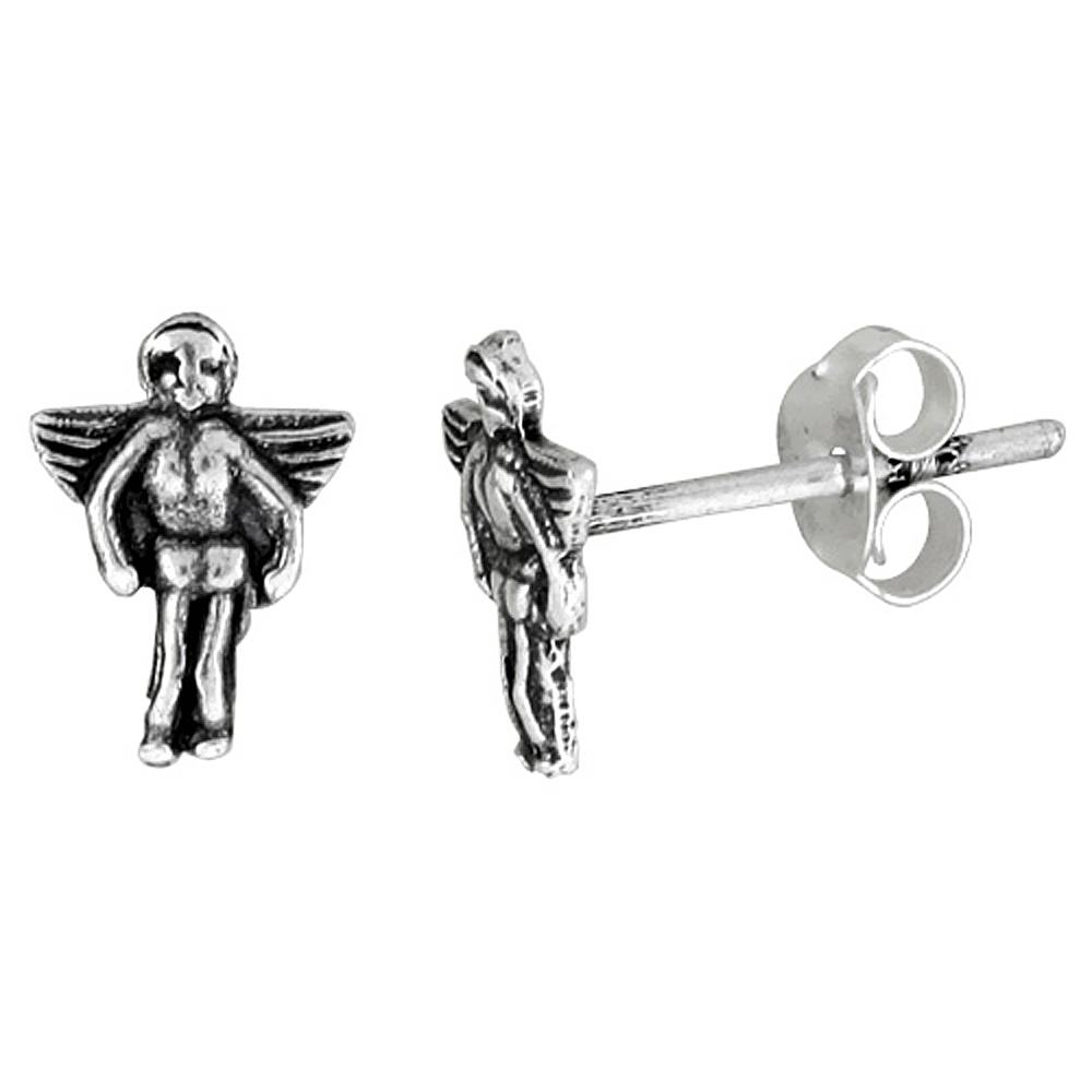 TINY STERLING SILVER ANGEL STUD EARRINGS 3/8 INCH