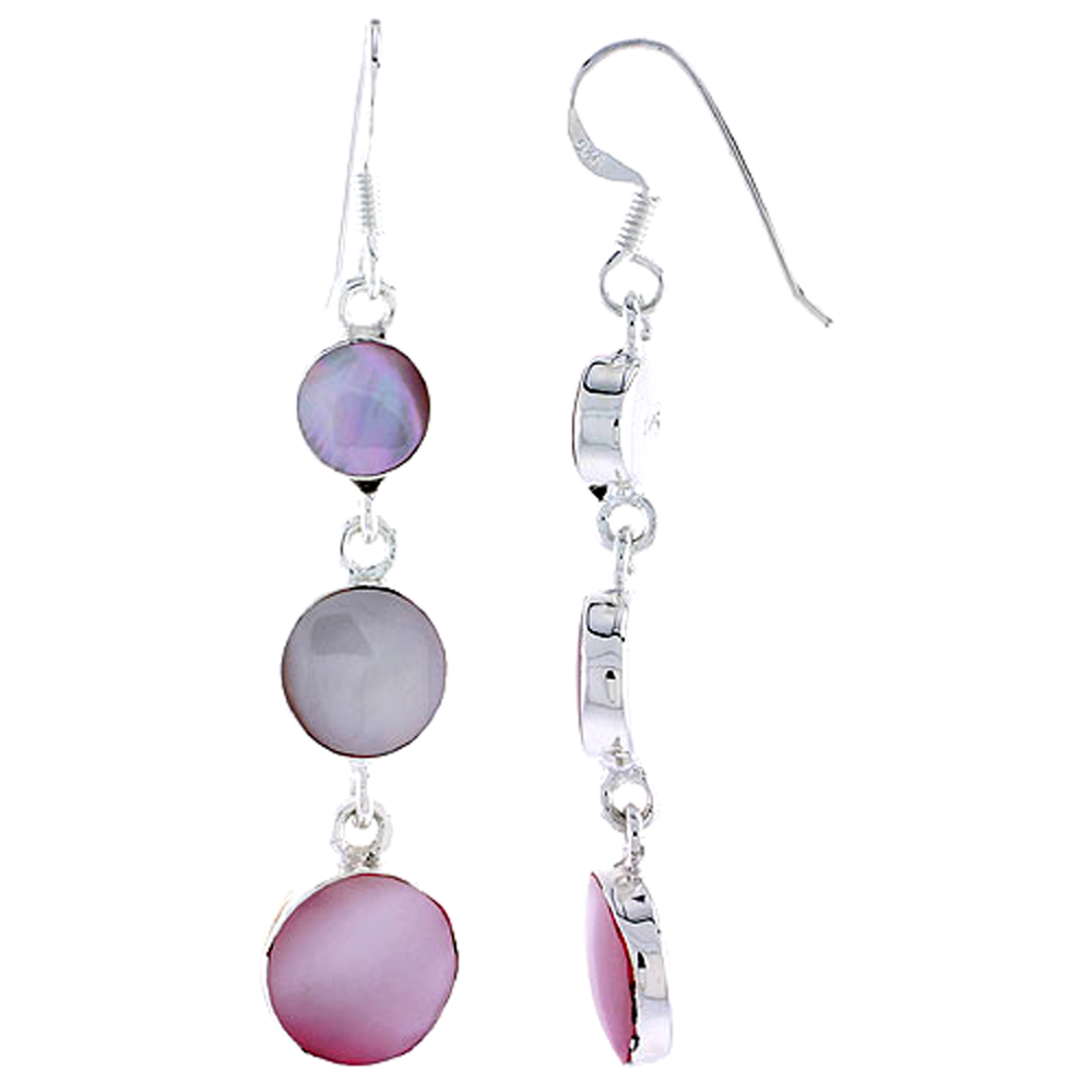 Sterling Silver Graduated Circles Pink Mother of Pearl Inlay Earrings, 1 11/16" (43 mm) tall 
